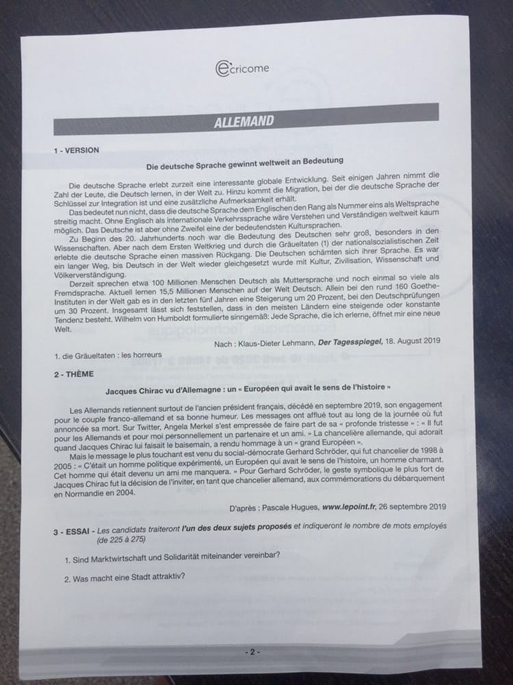 Sujet allemand LV1 Ecricome 