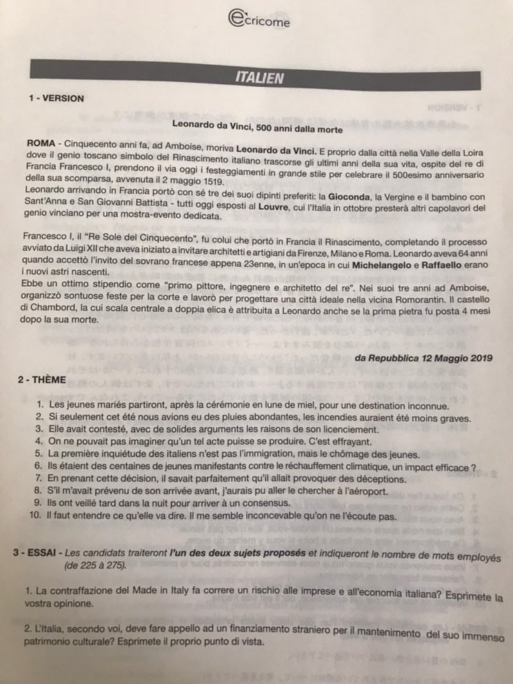 lV2 Langues rares italien Ecricome 2020