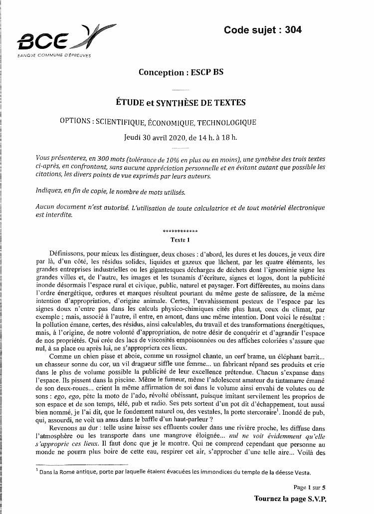 sujet synthèse ESCP 2020 1