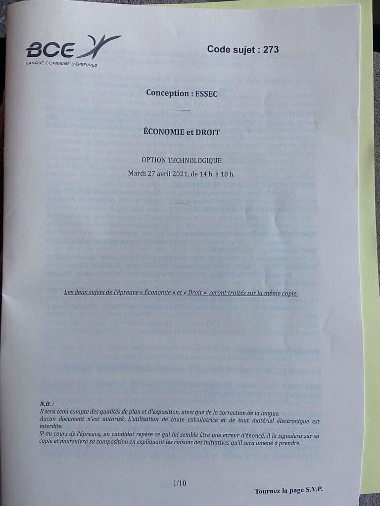 sujet Eco-Droit ESSEC 2021