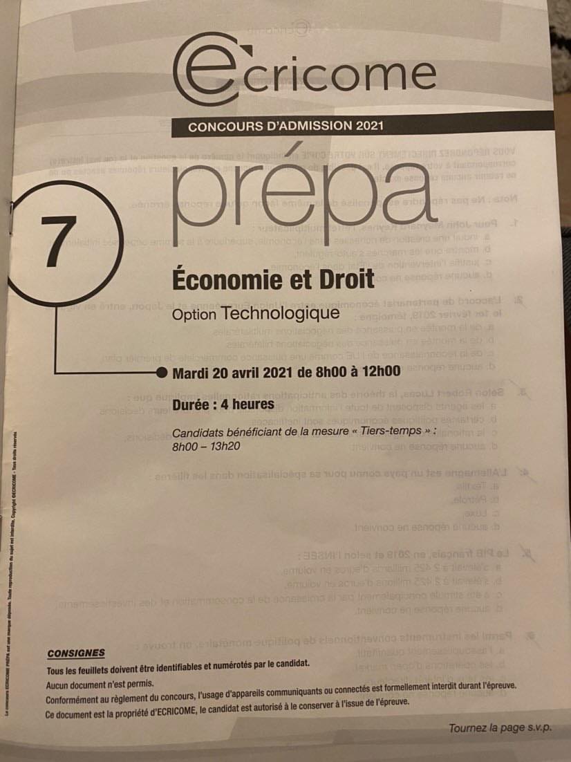 sujet Eco-droit Ecricome 2021
