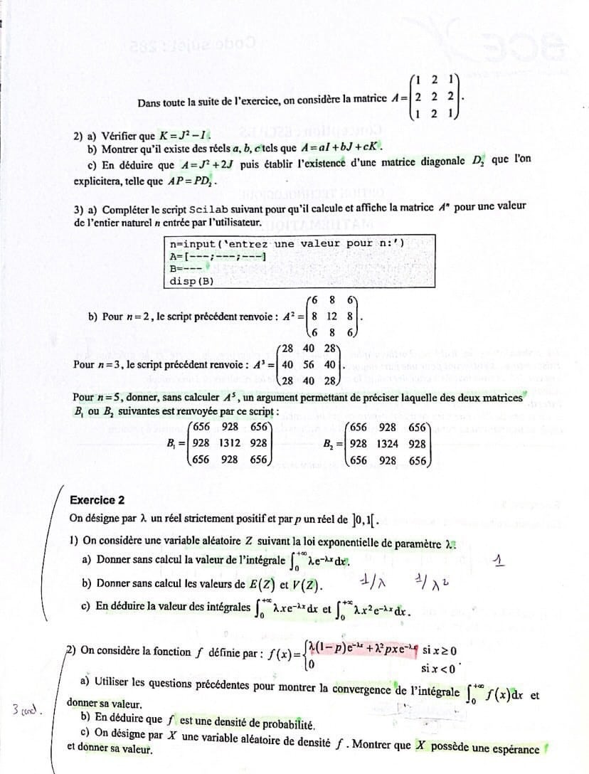 Sujet Maths ECT ESCP 2021