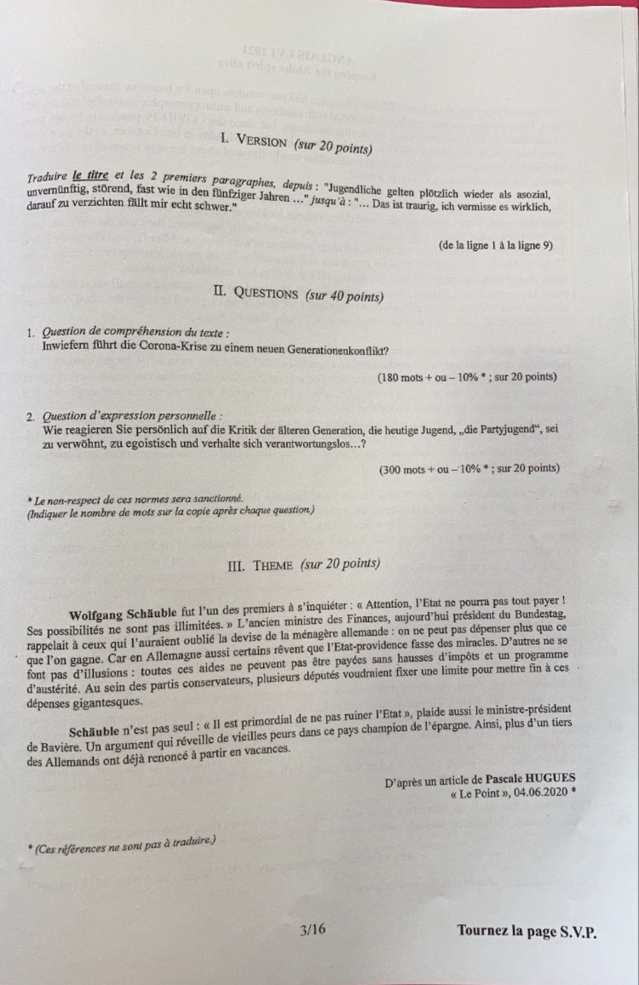 sujet LV1 Allemand IENA 2021
