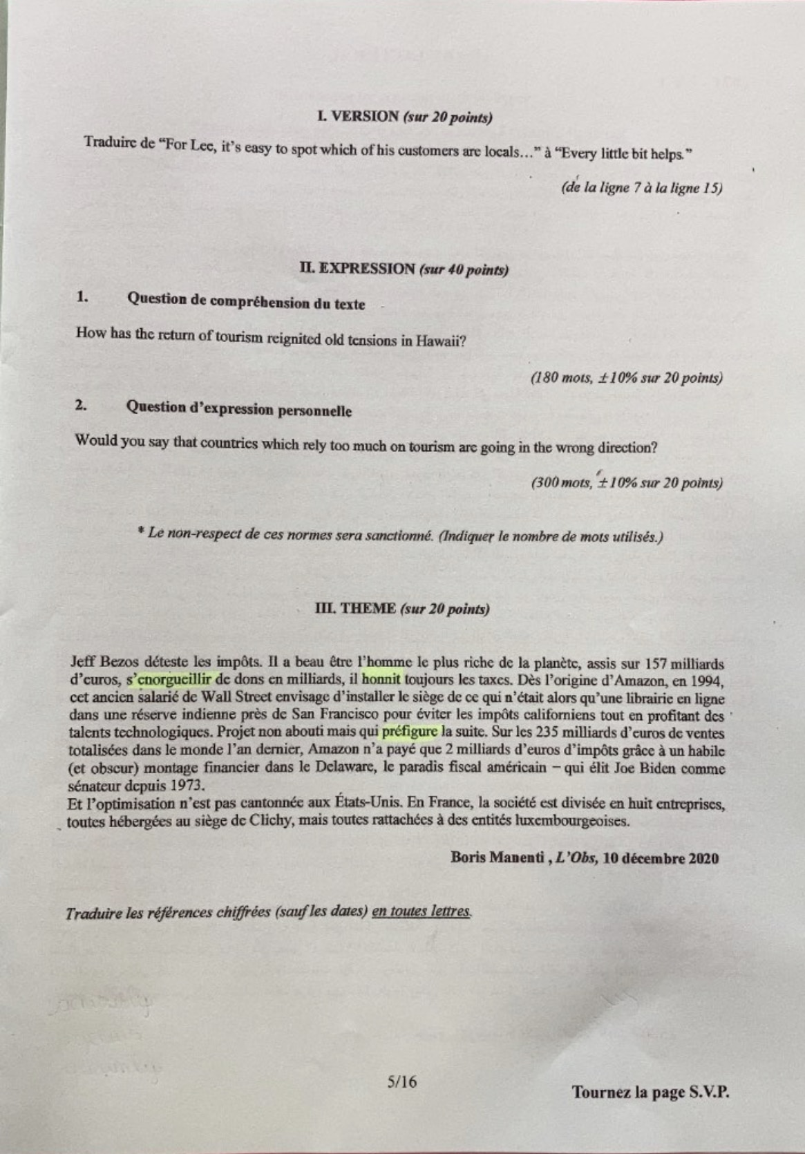 sujet Anglais Lv1 IENA 2021