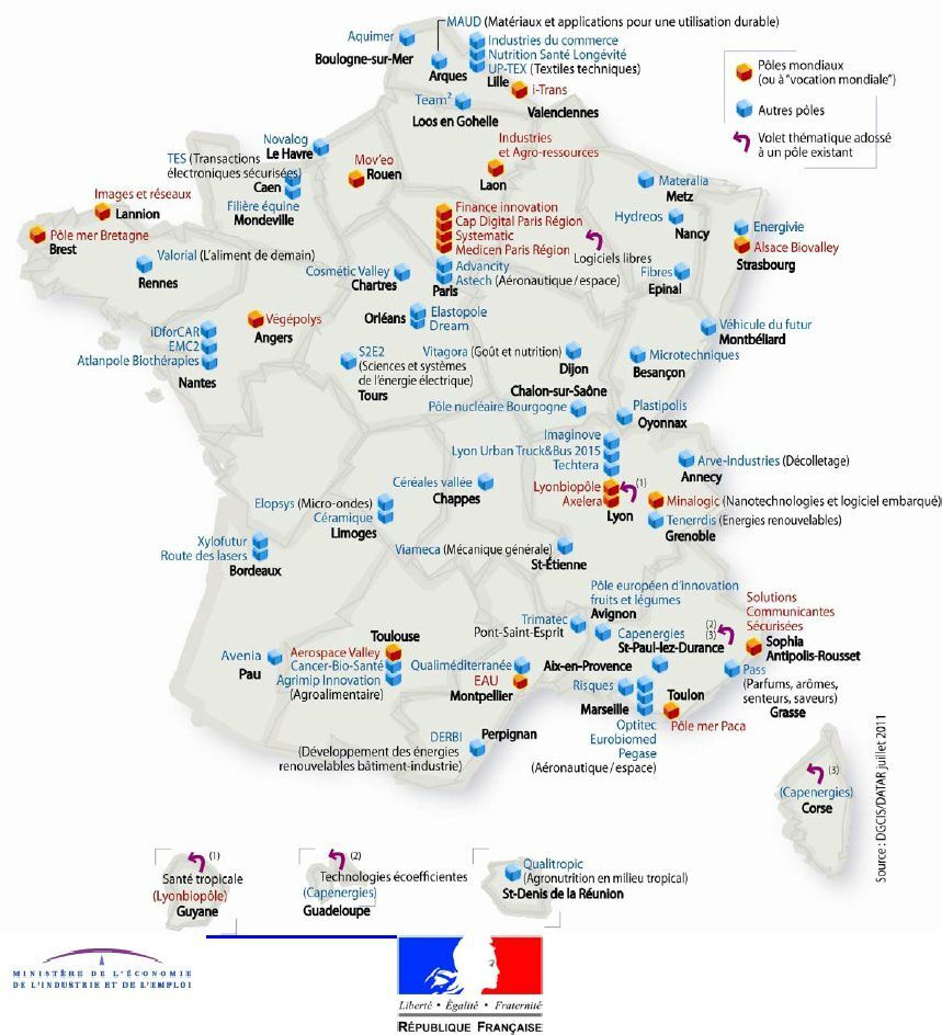 Carte répertoriant les pôles de compétitivité en France.
