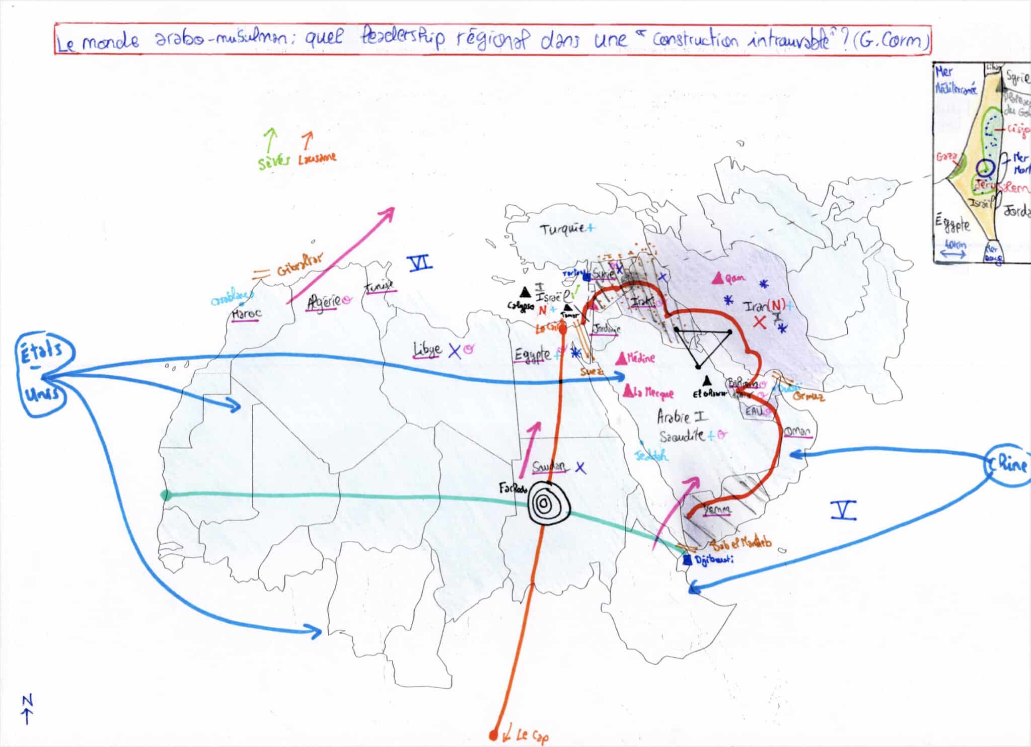 Carte sur le Moyen-Orient avec projection schématique sur le conflit israélo-palestinien