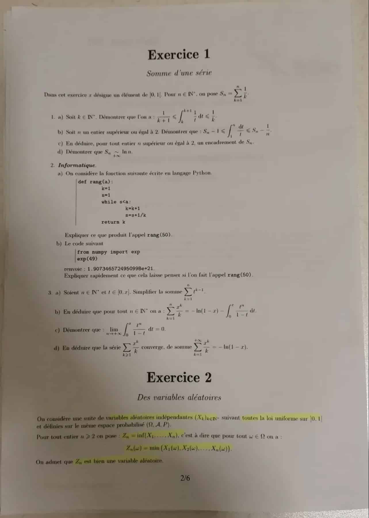 Maths approfondies emlyon 2023 - Sujet 2/6