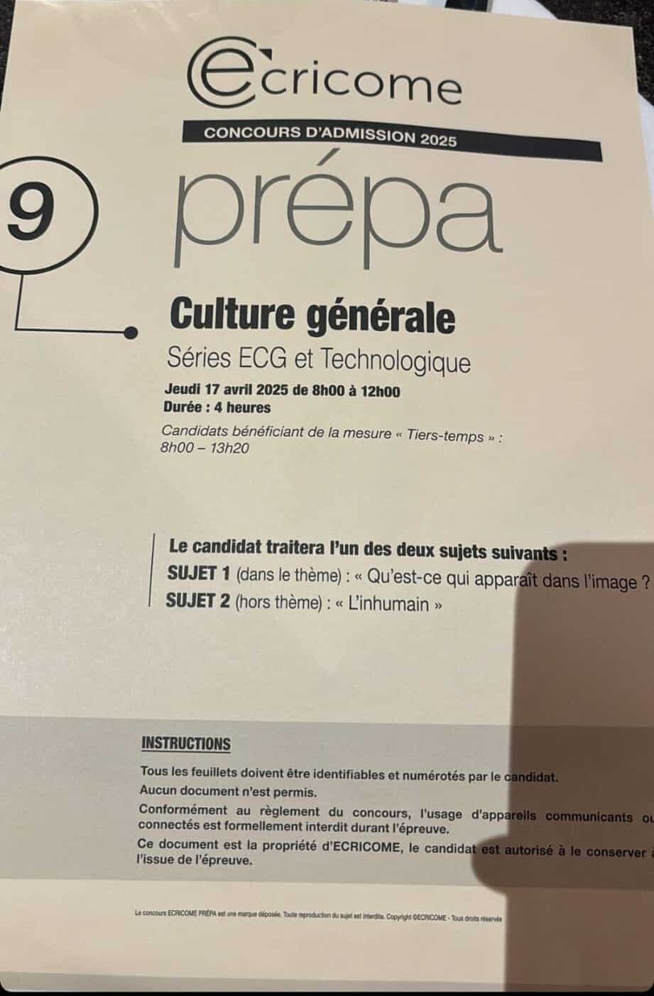 sujet culture générale ECRICOME 2025